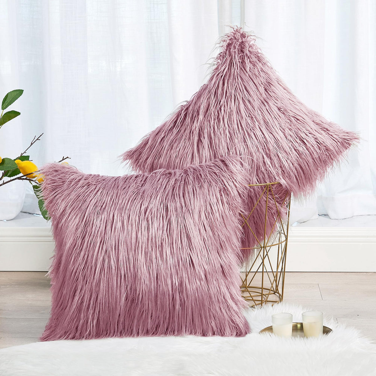 Long Pile Faux Fur Square Throw Pillow Covers(No Insert), 20 x 20 Inches Set of 2, Mongolian Fur Furry Fuzzy Soft Luxury Cushion Cover Shaggy Plush Pillowcase for Couch Bed Car, Silver Gray