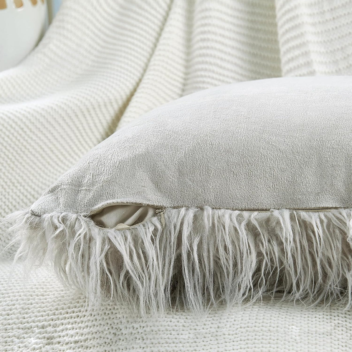 Long Pile Faux Fur Square Throw Pillow Covers(No Insert), 20 x 20 Inches Set of 2, Mongolian Fur Furry Fuzzy Soft Luxury Cushion Cover Shaggy Plush Pillowcase for Couch Bed Car, Silver Gray
