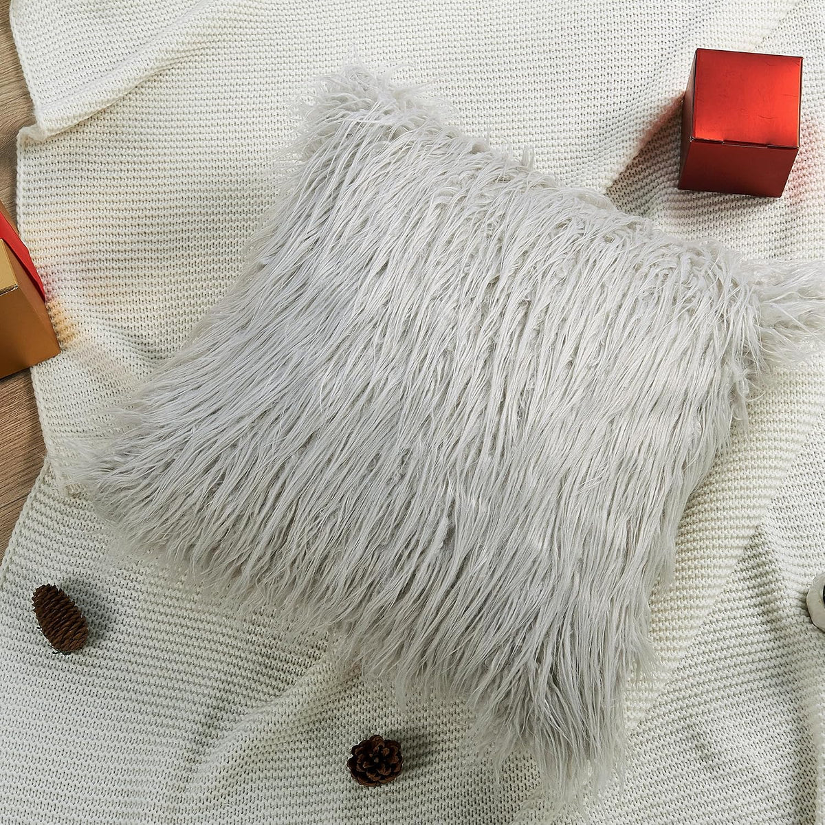 Long Pile Faux Fur Square Throw Pillow Covers(No Insert), 20 x 20 Inches Set of 2, Mongolian Fur Furry Fuzzy Soft Luxury Cushion Cover Shaggy Plush Pillowcase for Couch Bed Car, Silver Gray