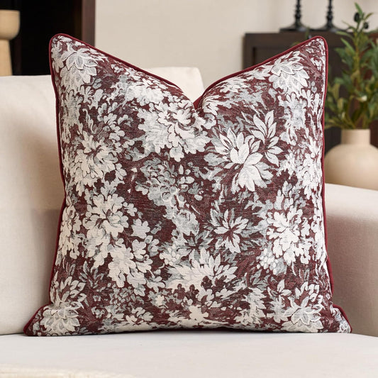 Alerfa Burgundy Neutral Floral Pillow Cover 18 x 18 Inch, Vintage Chenille Square Couch Pillow Cover Soft Decorative Farmhouse Accent Pillowcase for Living Room Bedroom