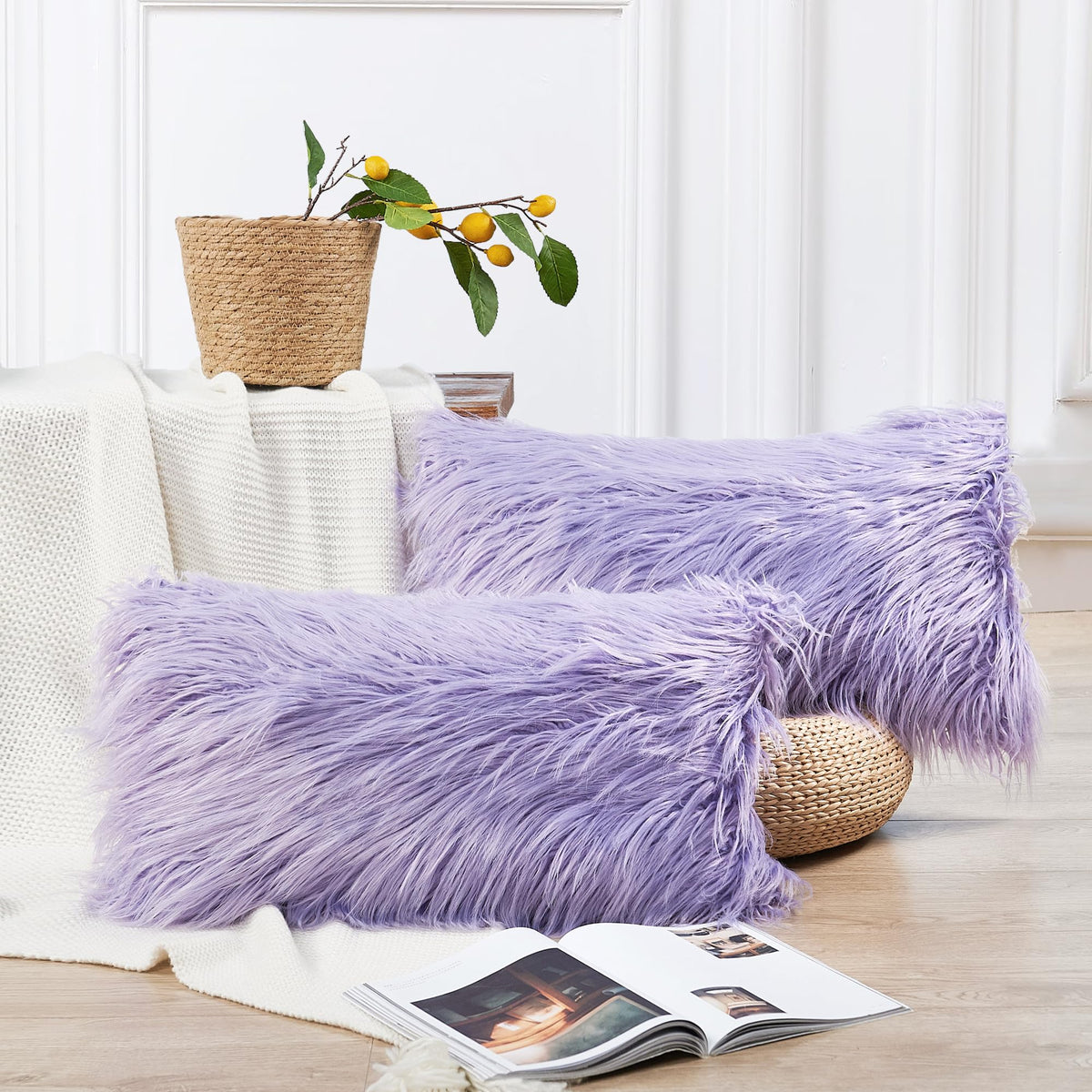 Long Pile Faux Fur Square Throw Pillow Covers(No Insert), 20 x 20 Inches Set of 2, Mongolian Fur Furry Fuzzy Soft Luxury Cushion Cover Shaggy Plush Pillowcase for Couch Bed Car, Silver Gray
