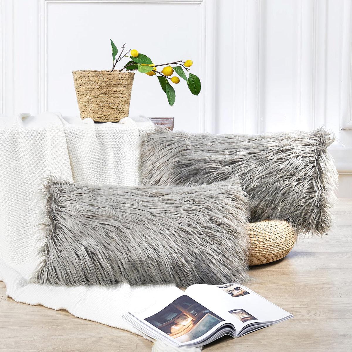 Long Pile Faux Fur Square Throw Pillow Covers(No Insert), 20 x 20 Inches Set of 2, Mongolian Fur Furry Fuzzy Soft Luxury Cushion Cover Shaggy Plush Pillowcase for Couch Bed Car, Silver Gray