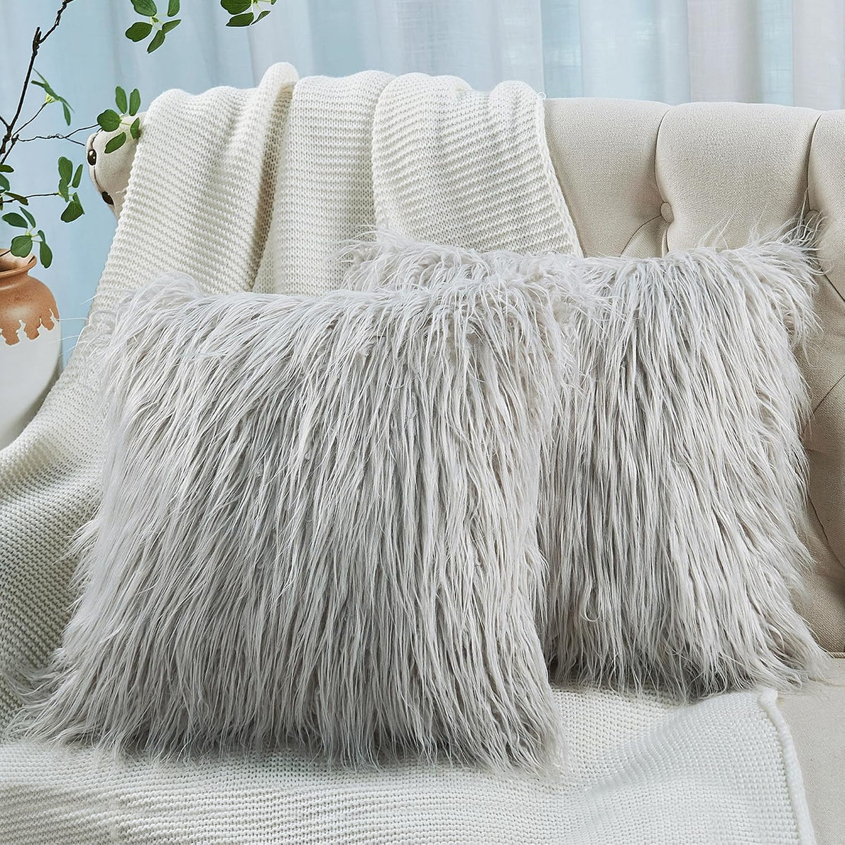 Long Pile Faux Fur Square Throw Pillow Covers(No Insert), 20 x 20 Inches Set of 2, Mongolian Fur Furry Fuzzy Soft Luxury Cushion Cover Shaggy Plush Pillowcase for Couch Bed Car, Silver Gray
