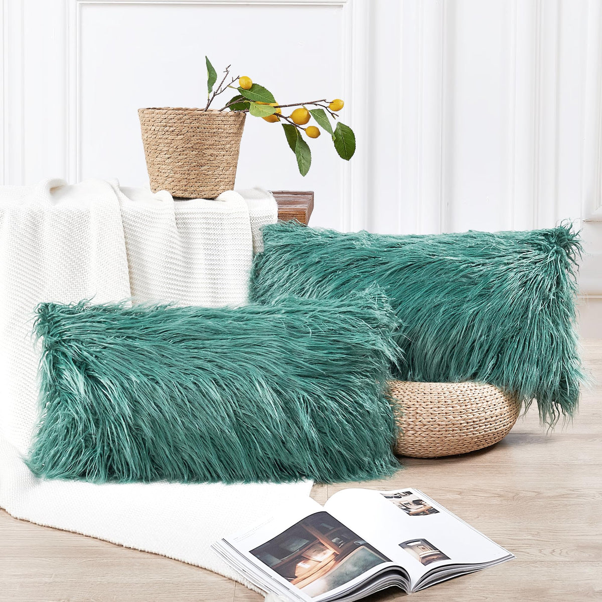 Long Pile Faux Fur Square Throw Pillow Covers(No Insert), 20 x 20 Inches Set of 2, Mongolian Fur Furry Fuzzy Soft Luxury Cushion Cover Shaggy Plush Pillowcase for Couch Bed Car, Silver Gray